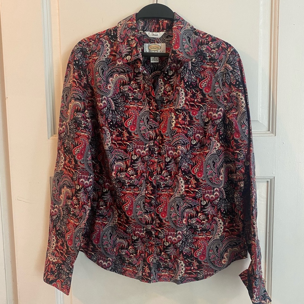 Talbots Christmas print stretch blouse